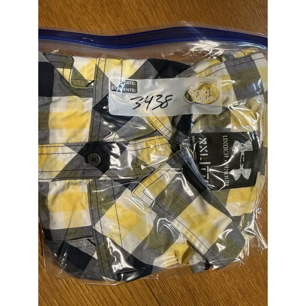 Under‎ Armour Shirt Men XXL Plaid Yellow Navy Short Sleeve Cotton